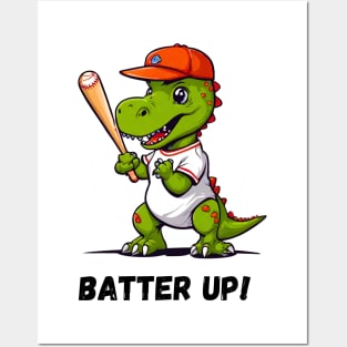 Batter Up Dino Playing Baseball Posters and Art